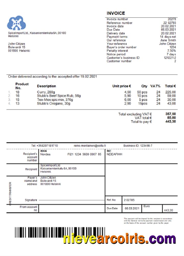 Finland SpiceImport Ltd invoice